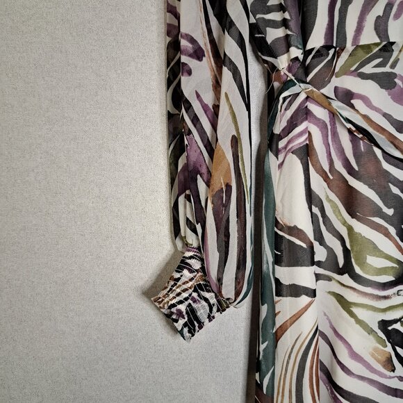 Atelier Women's Abstract Pattern Front Button Up Self Tie Sash Long Sleeve - Picture 5 of 5